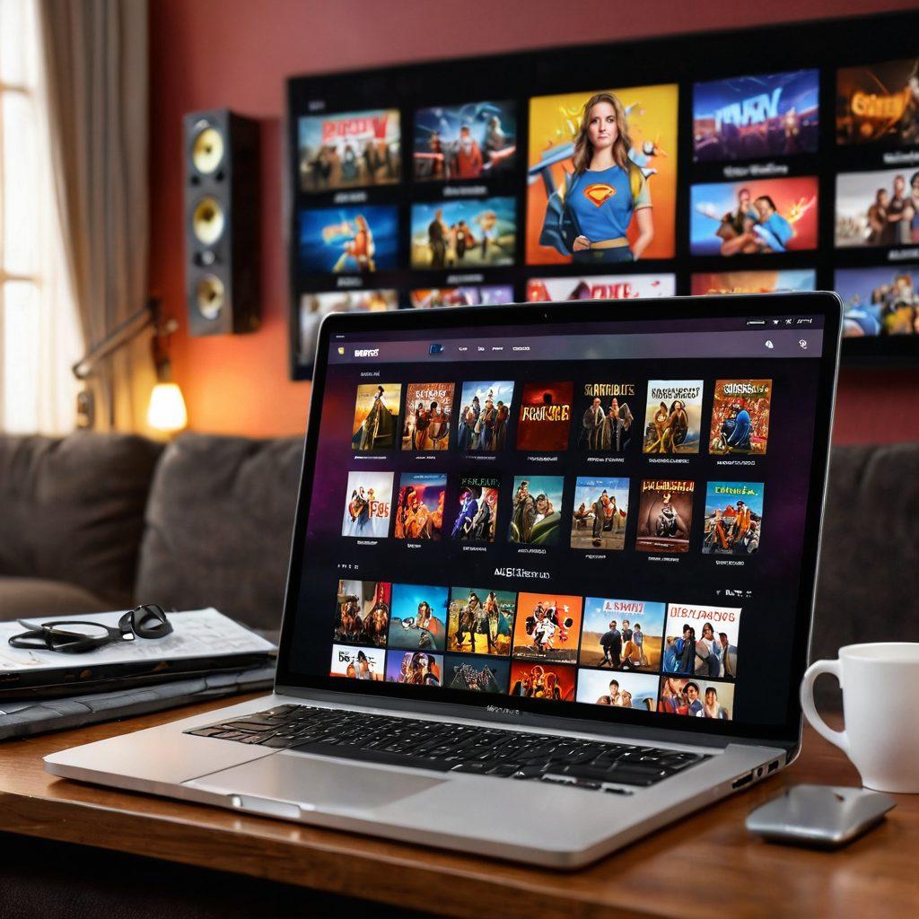A stylish, modern open laptop displaying a vibrant movie and TV series review website, surrounded by iconic film reels, clapperboards, and colorful streaming service logos. In the background, a cozy home theater setting with a plush couch and a big screen playing popular shows and movies. Soft ambient lighting casts a welcoming glow, inviting viewers to dive into the world of entertainment. super-realistic. vibrant colors. warm tones.