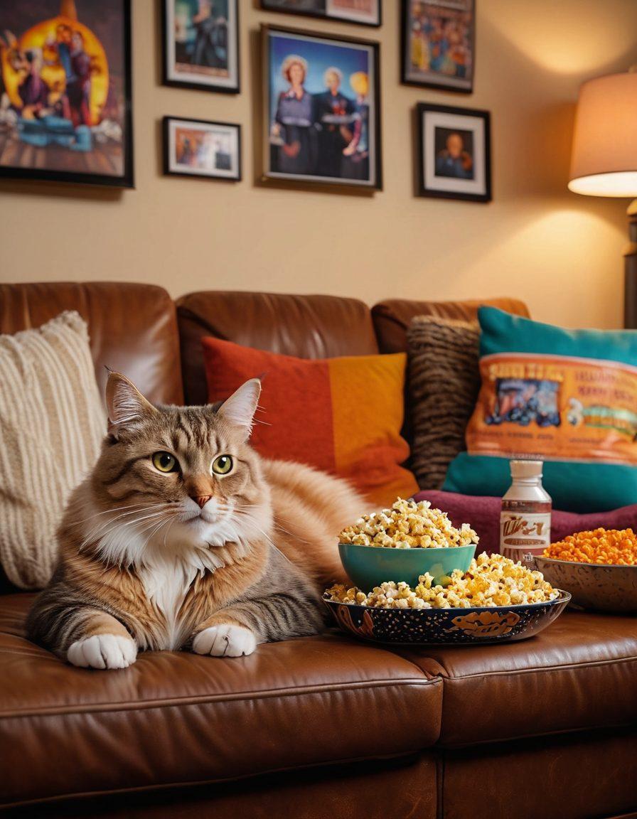 A cozy living room scene featuring a large, inviting couch with colorful cushions, a popcorn bowl spilling over, and a flickering TV screen displaying a variety of iconic TV show and movie posters in the background. Soft warm lighting creates a relaxed atmosphere, while a cat lounges nearby, adding a touch of homey charm. super-realistic. vibrant colors. cozy aesthetic.