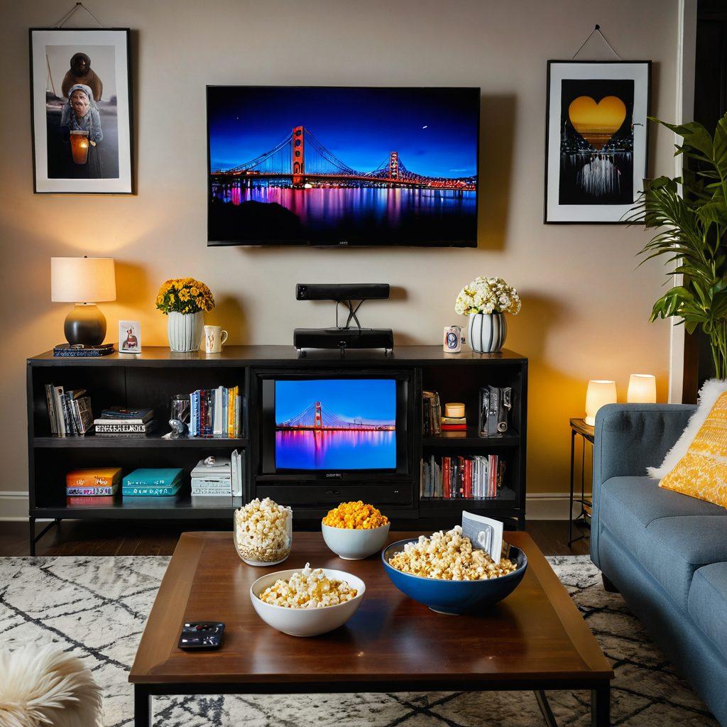 An inviting living room scene showcasing a cozy couch with fluffy pillows, an array of colorful streaming devices scattered around, a large TV screen displaying a mesmerizing play button, popcorn bowls, and drinks on a coffee table. The ambiance should evoke comfort and excitement, as if inviting viewers to unleash their binge-watching adventures. Playful hints of popular TV shows and movie genres subtly integrated in the background. super-realistic. vibrant colors. warm lighting.